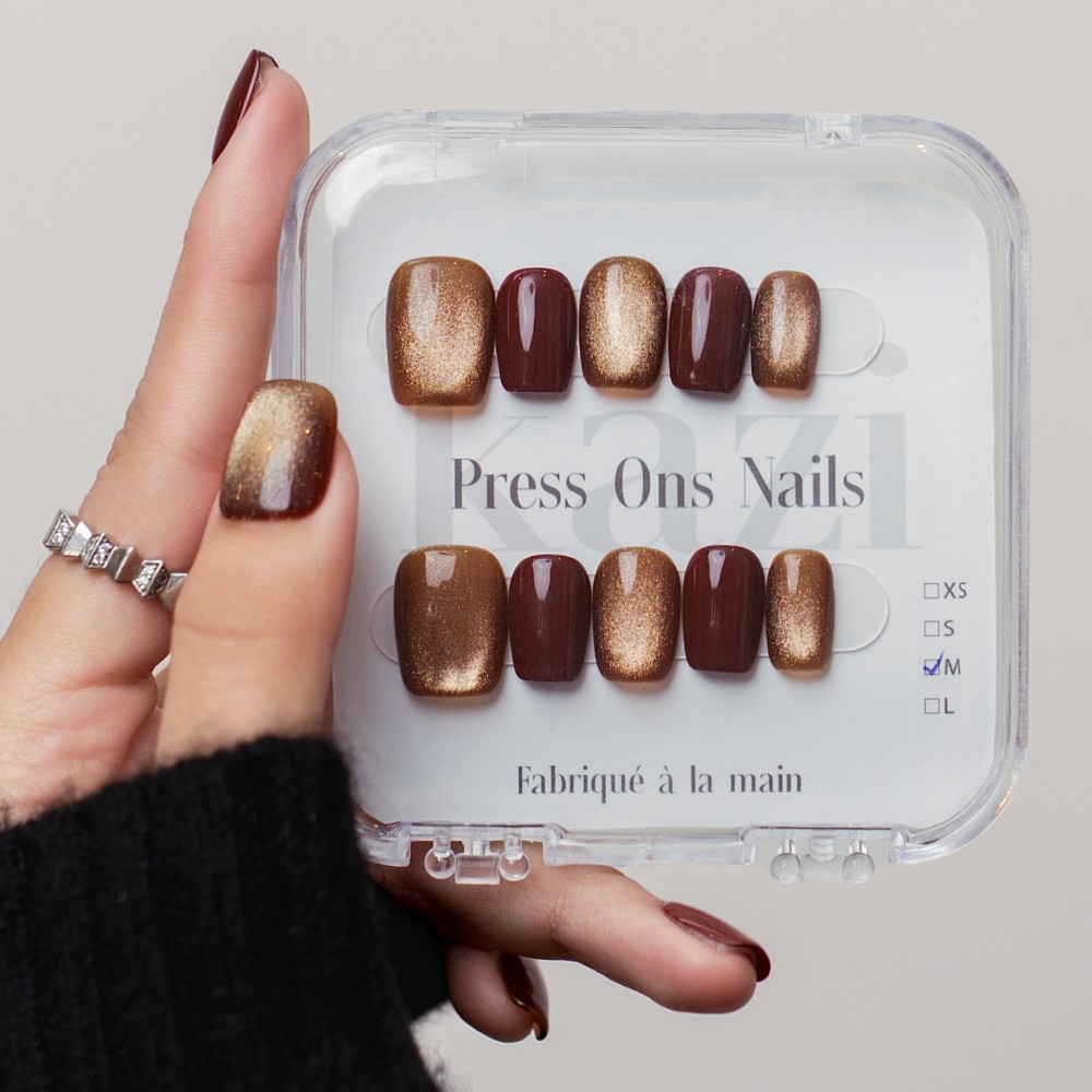 Faux ongles cat eye bordeaux doré – Sunset Bordeaux | Kazinails