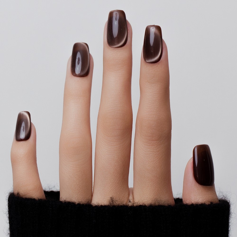 Faux ongles press-on cat eye brun – Noir Bruni | Kazinails