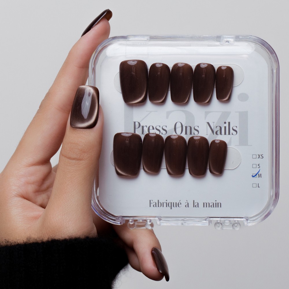 Faux ongles press-on cat eye brun – Noir Bruni | Kazinails