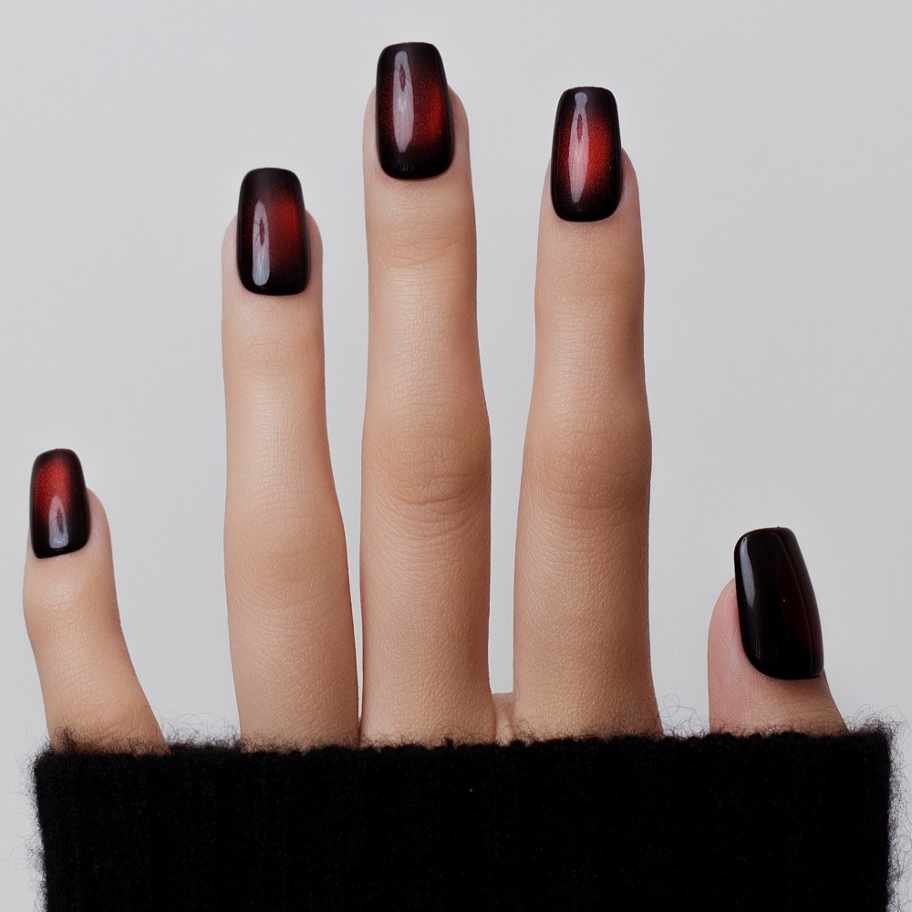 Kazinails - Faux Ongles "Tulipe Noire" – Dégradé Noir & Rouge pour une Élégance Mystérieuse