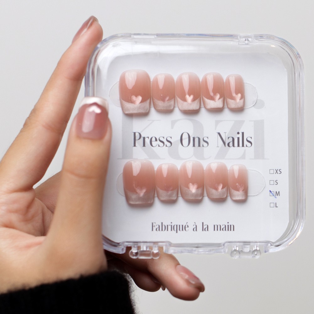 Faux ongles press-on French cat eye cœur 3D – Rouge Intime | Kazinails