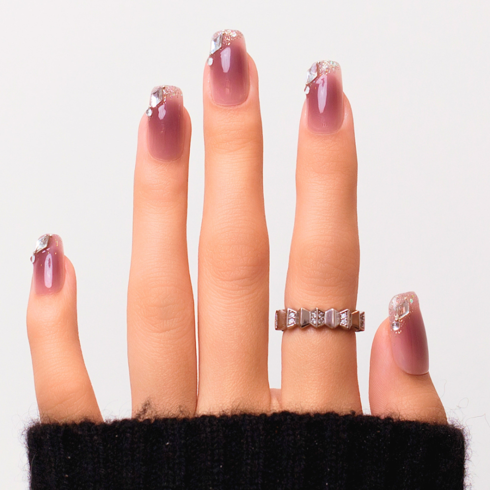 Faux ongles press-on effet blush strass – Flowery | Kazinails