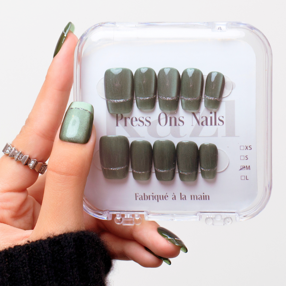 Faux ongles French cat eye vert jade – Jade | Kazinails