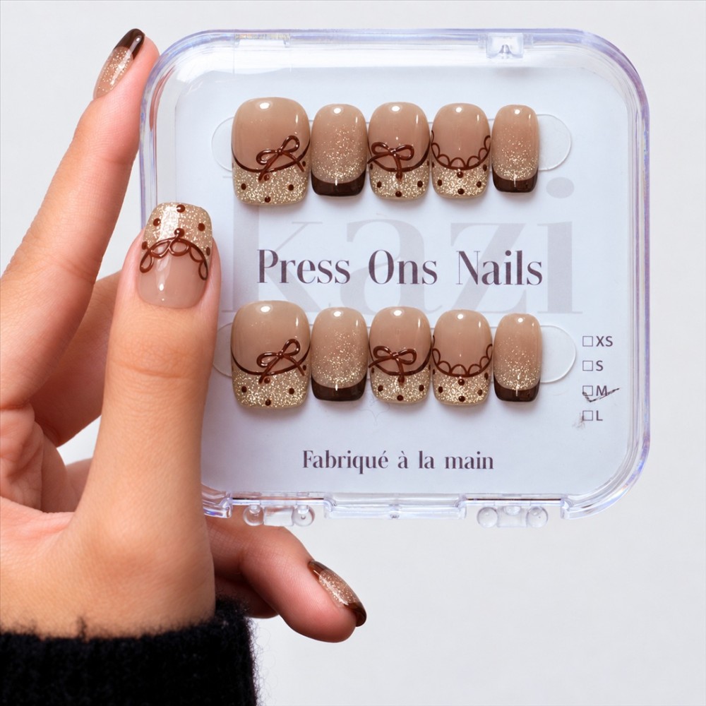 Faux ongles press-on brun pailleté – Latte Noisette | Kazinails