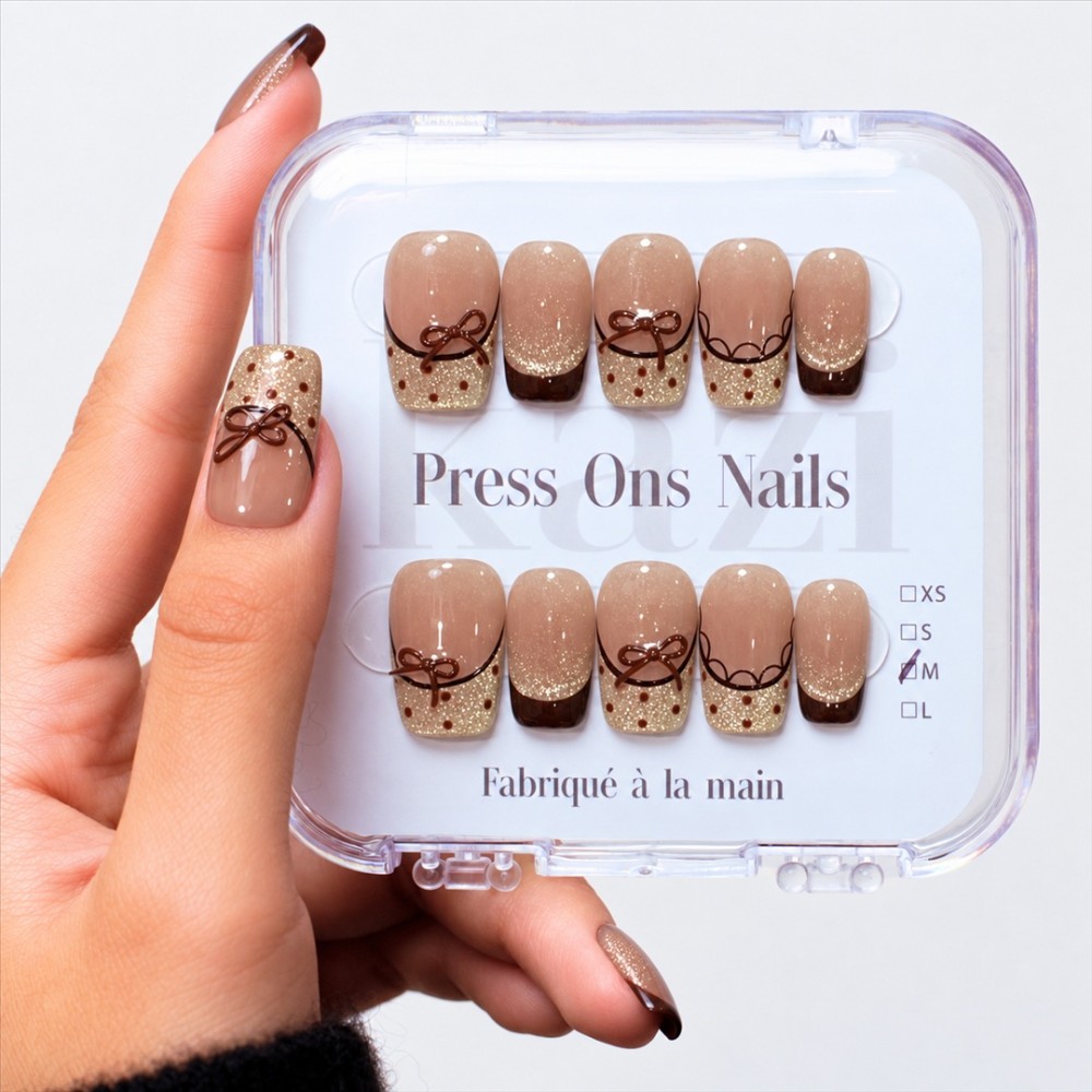 Faux ongles press-on brun pailleté – Latte Noisette | Kazinails