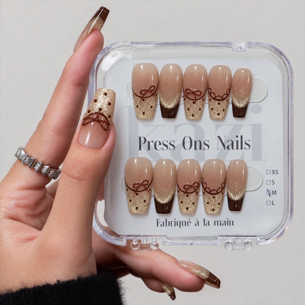 Faux ongles press-on brun pailleté – Latte Noisette | Kazinails
