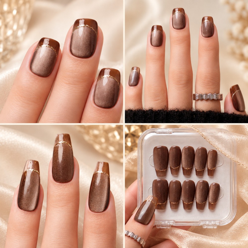 Gold Finger – French chocolat et liseré doré – Carrée Court, Ballerine Courte et Ballerine Long