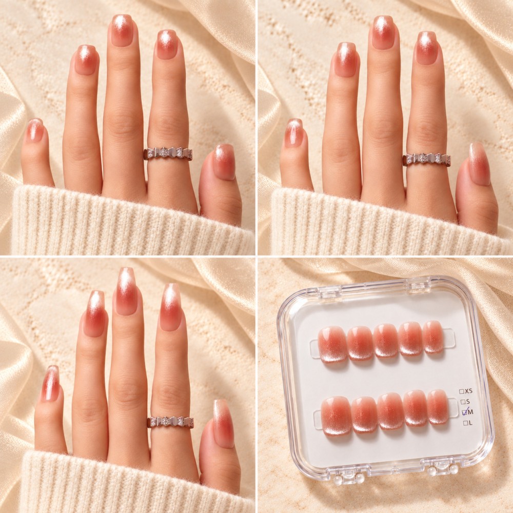 First Kiss – press-on nails rose pêche nacré – Carrée Court, Ballerine Courte et Ballerine Long