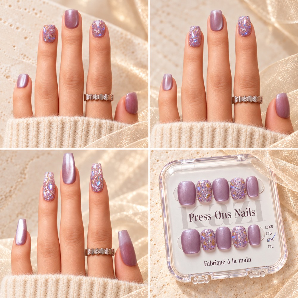 Galaxy – press-on nails mauve nacré et paillettes irisées – trois formes et longueurs