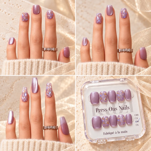 Galaxy – press-on nails mauve nacré et paillettes irisées – trois formes et longueurs