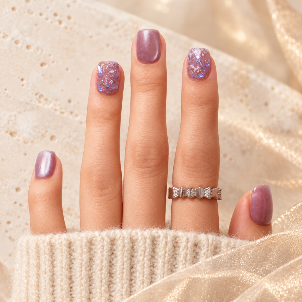 Galaxy – Press-on nails mauve et paillettes irisées | Kazinails