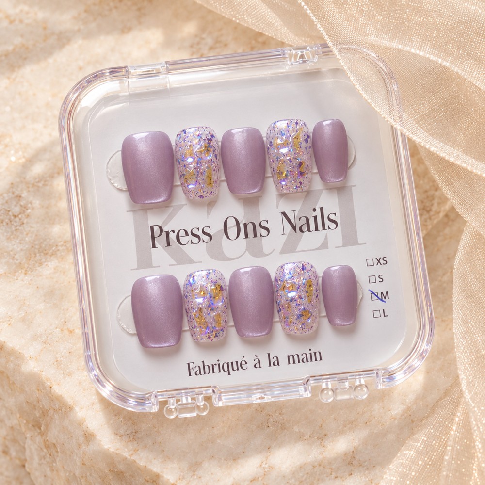 Galaxy – Press-on nails mauve et paillettes irisées | Kazinails