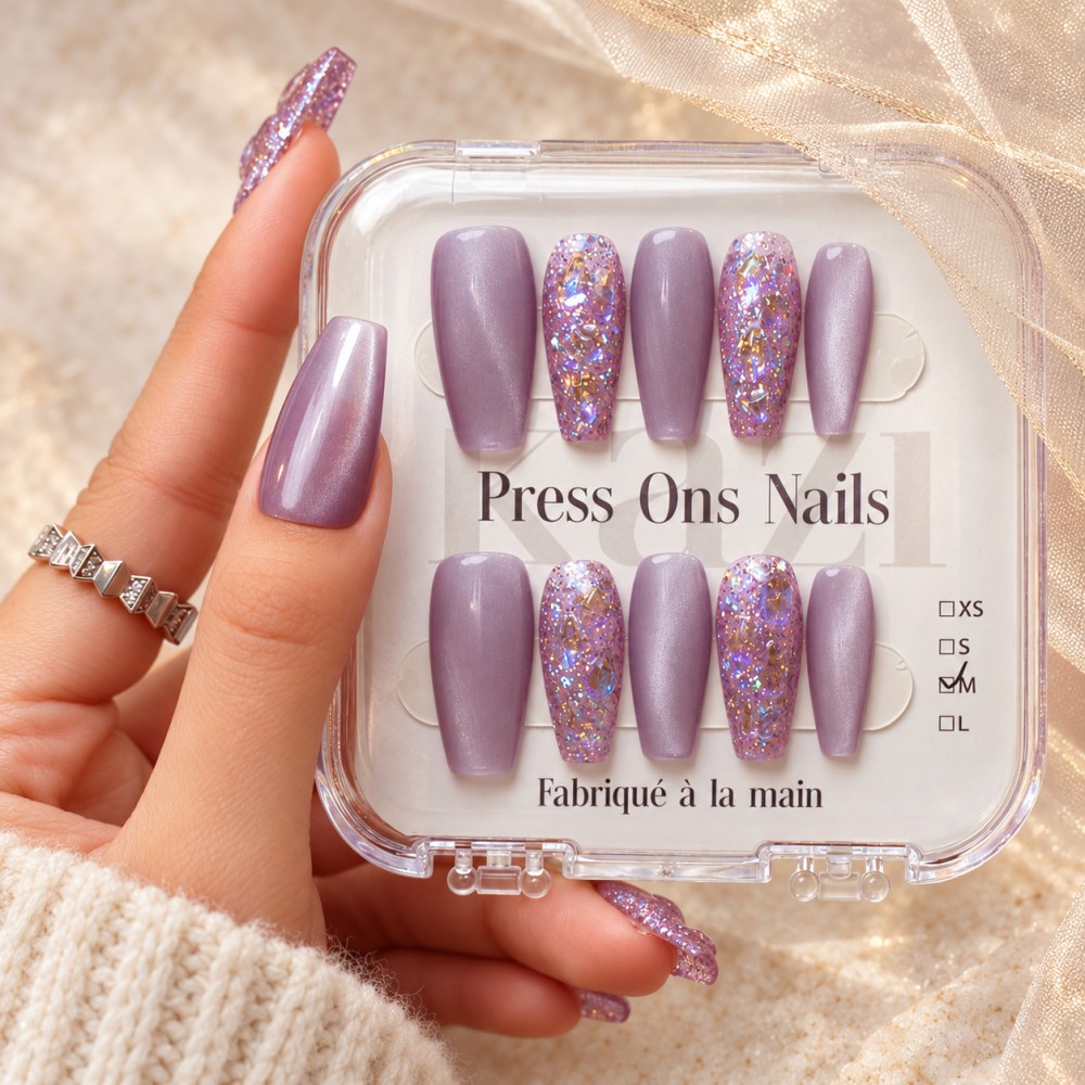 Galaxy – Press-on nails mauve et paillettes irisées | Kazinails