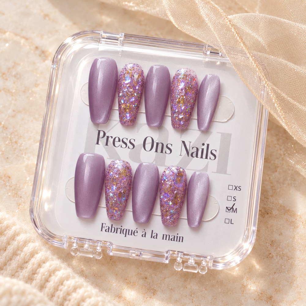 Galaxy – Press-on nails mauve et paillettes irisées | Kazinails