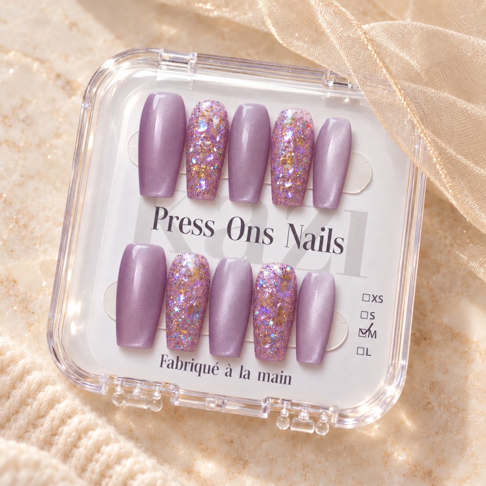 Galaxy – Press-on nails mauve et paillettes irisées | Kazinails