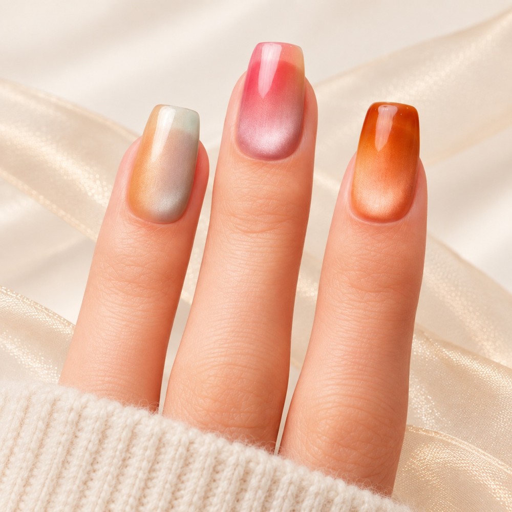 Skittles Ballerine Courte — cat eye caramel, corail et champagne, détail