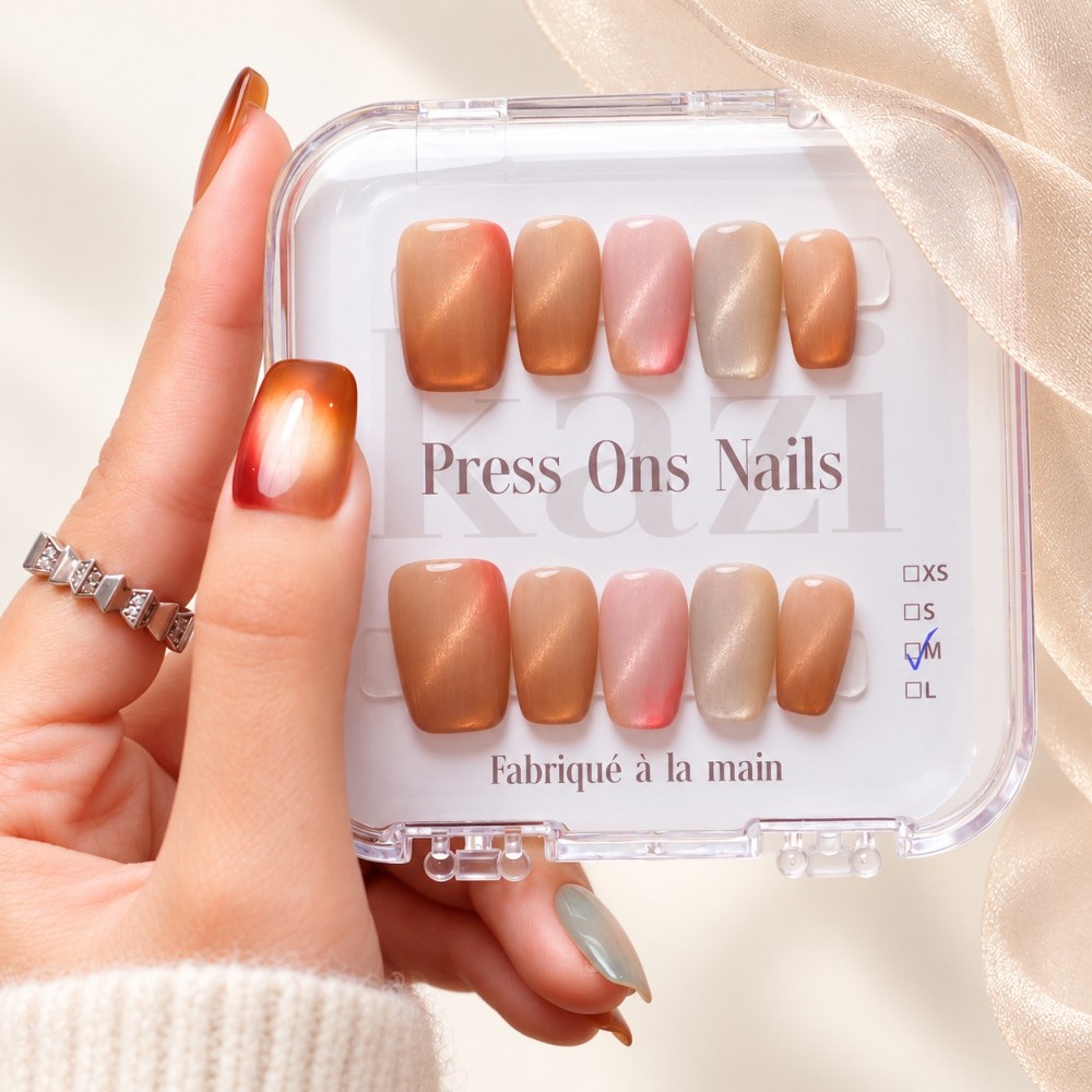 Skittles – Press-on nails cat eye caramel et corail | Kazinails