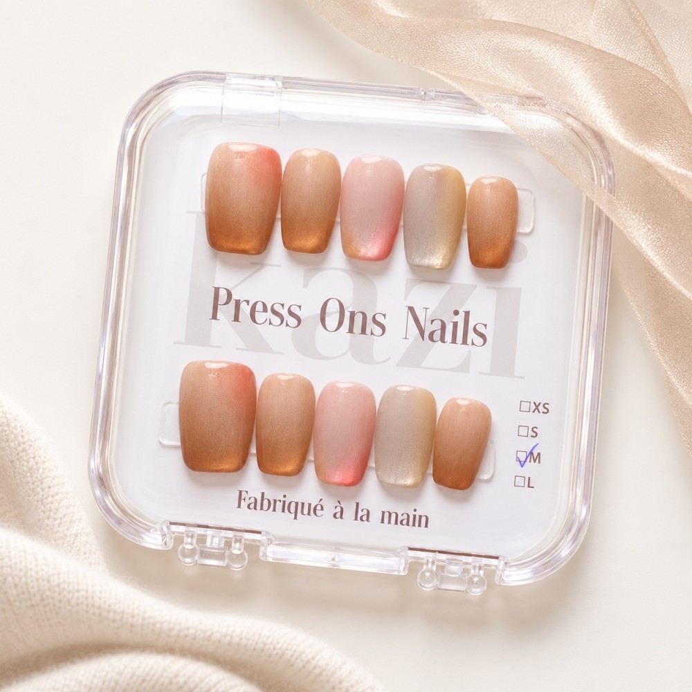 Skittles – Press-on nails cat eye caramel et corail | Kazinails