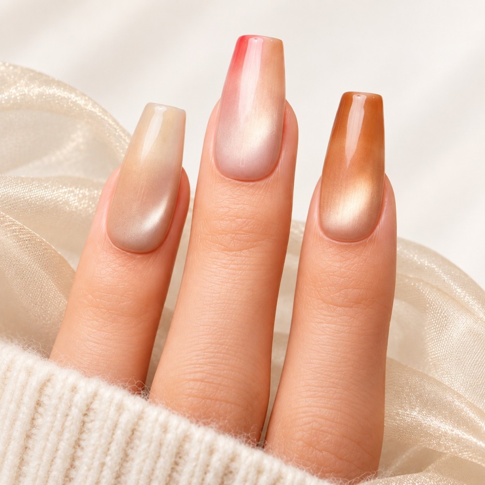 Skittles Ballerine Long — cat eye caramel, corail et champagne, détail