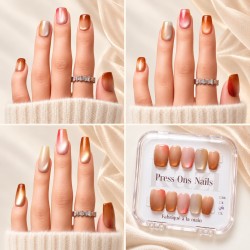 Skittles — trois longueurs de press-on nails cat eye caramel, corail et champagne