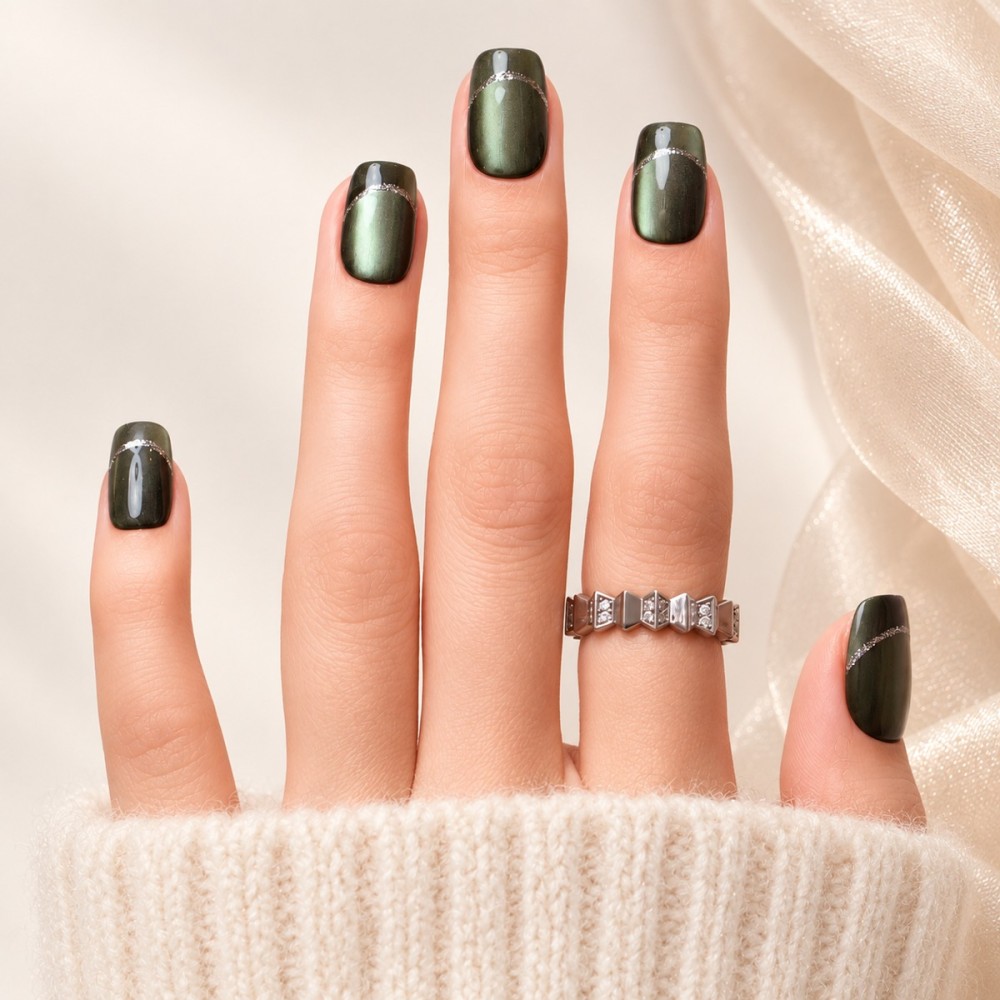 Jade – Faux ongles verts cat eye & French argentée | Kazinails