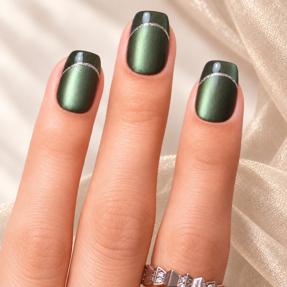 Jade – Faux ongles verts cat eye & French argentée | Kazinails