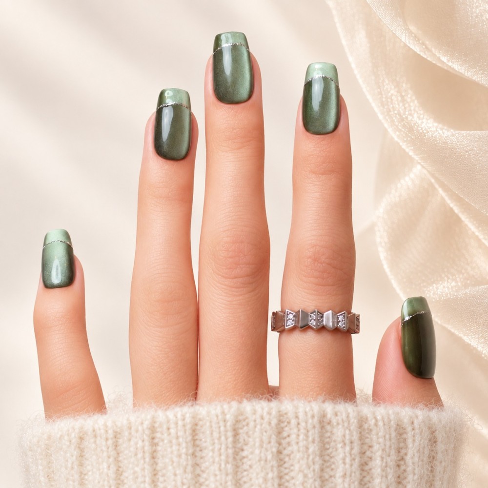 Jade – Faux ongles verts cat eye & French argentée | Kazinails