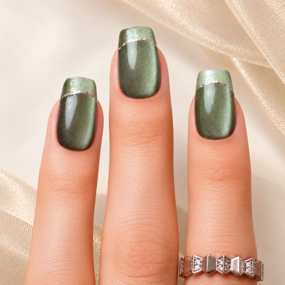 Jade – Faux ongles verts cat eye & French argentée | Kazinails
