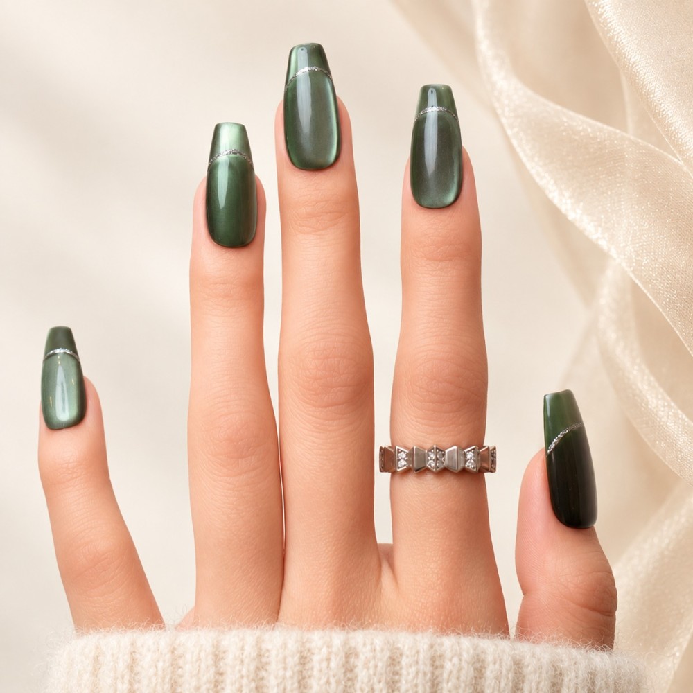 Jade – Faux ongles verts cat eye & French argentée | Kazinails