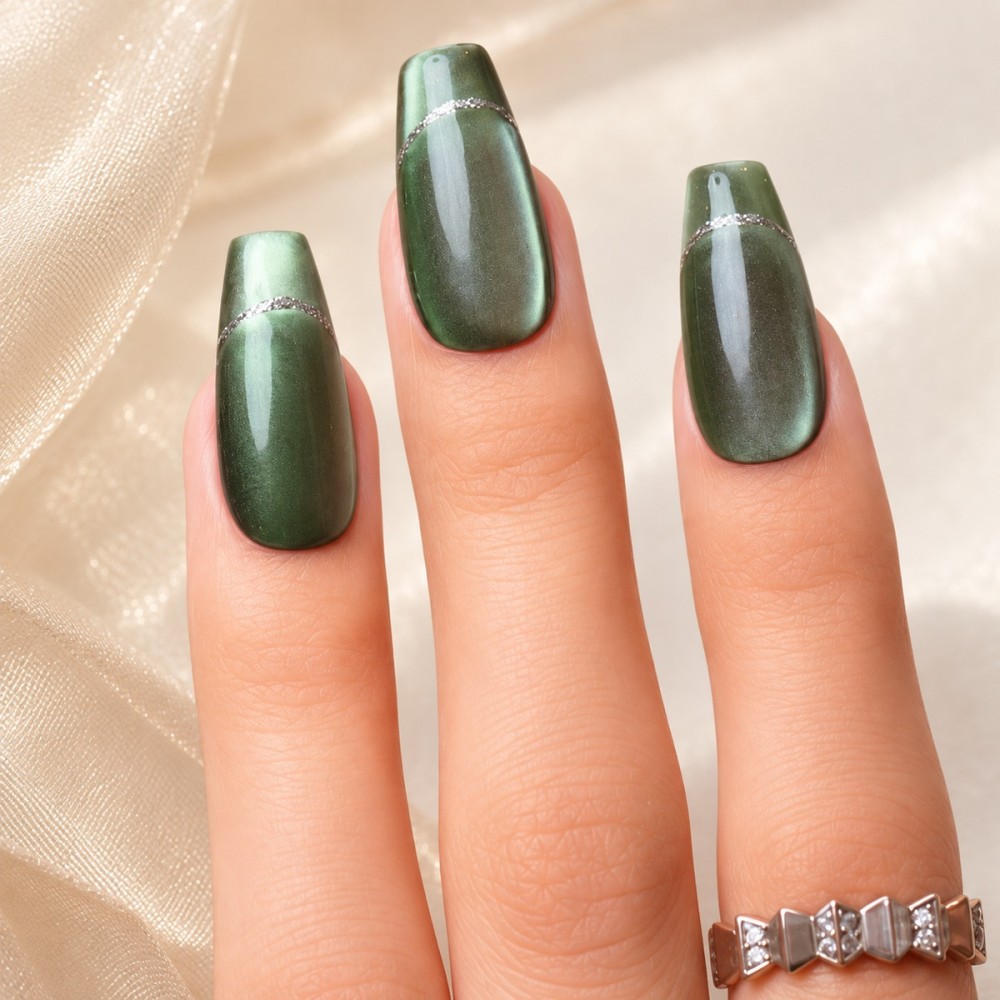 Jade – Faux ongles verts cat eye & French argentée | Kazinails
