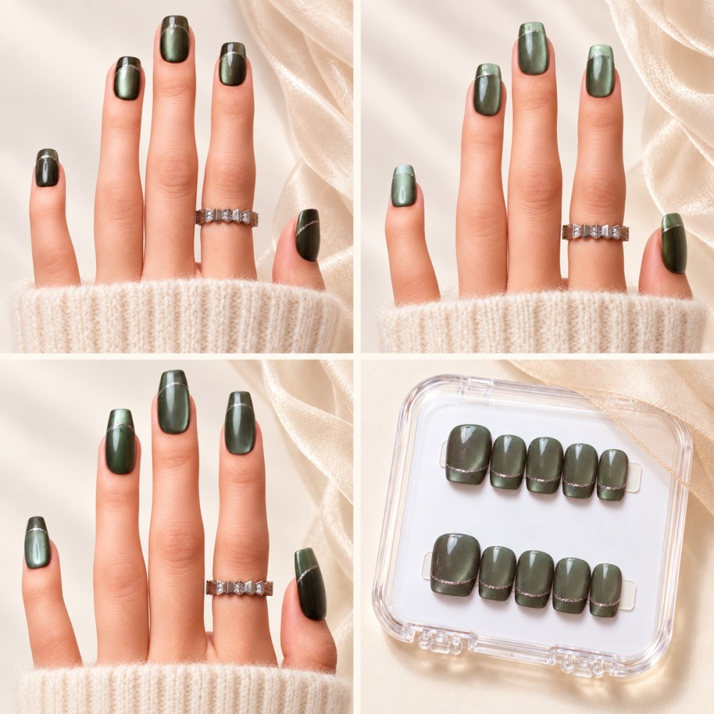 Jade – faux ongles vert cat eye et French argentée, Carrée Court, Ballerine Courte et Ballerine Long