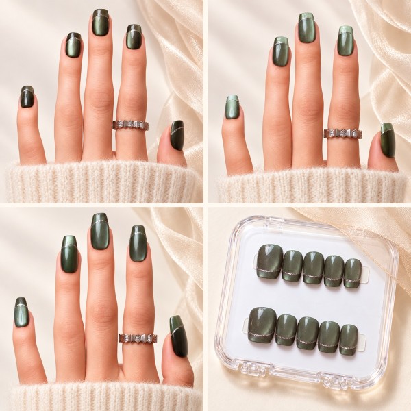 Jade – faux ongles vert cat eye et French argentée, Carrée Court, Ballerine Courte et Ballerine Long