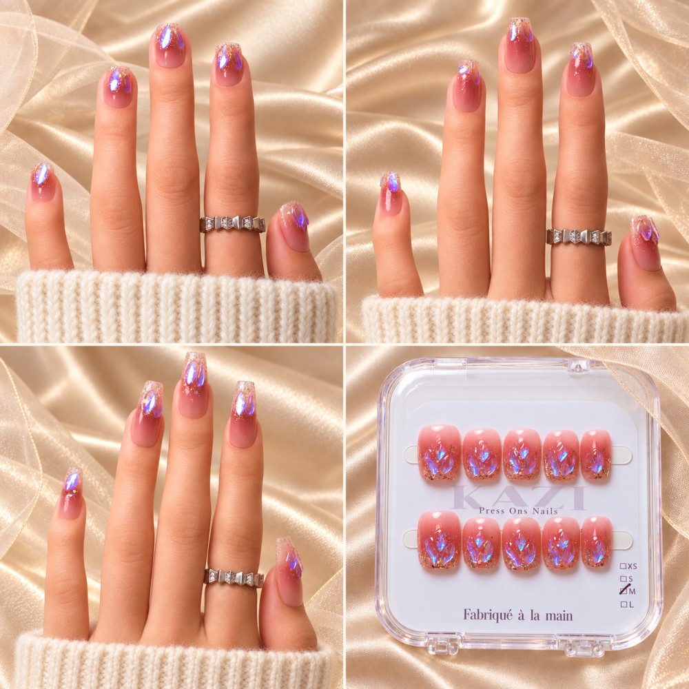 Kazinails | Faux Ongles Bubble Heart: Dégradé Rouge, Brillance & Élégance
