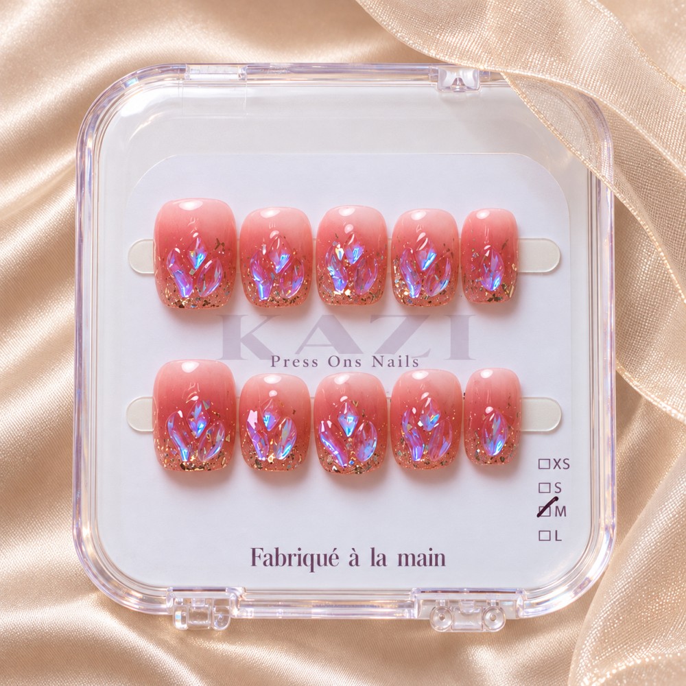 Kazinails | Faux Ongles Bubble Heart: Dégradé Rouge, Brillance & Élégance