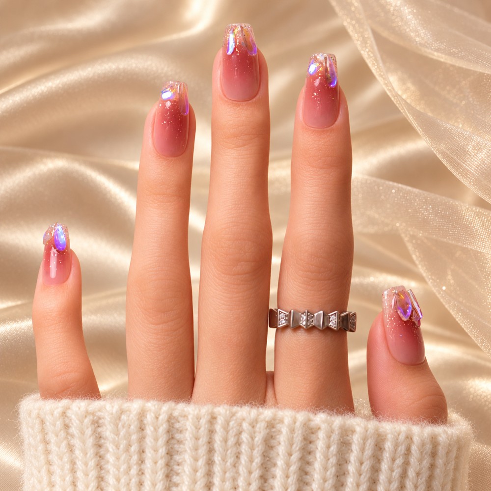 Kazinails | Faux Ongles Bubble Heart: Dégradé Rouge, Brillance & Élégance