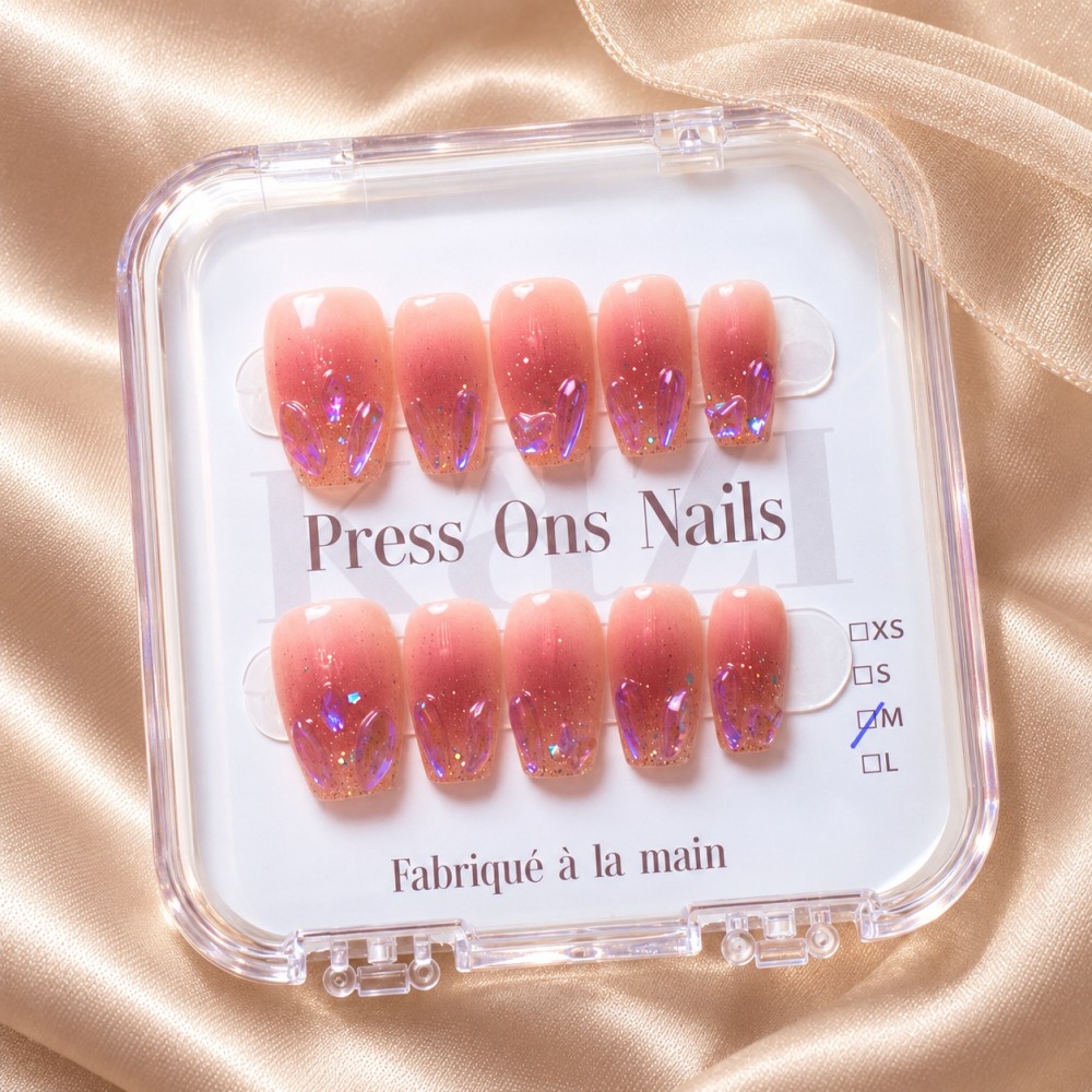 Kazinails | Faux Ongles Bubble Heart: Dégradé Rouge, Brillance & Élégance