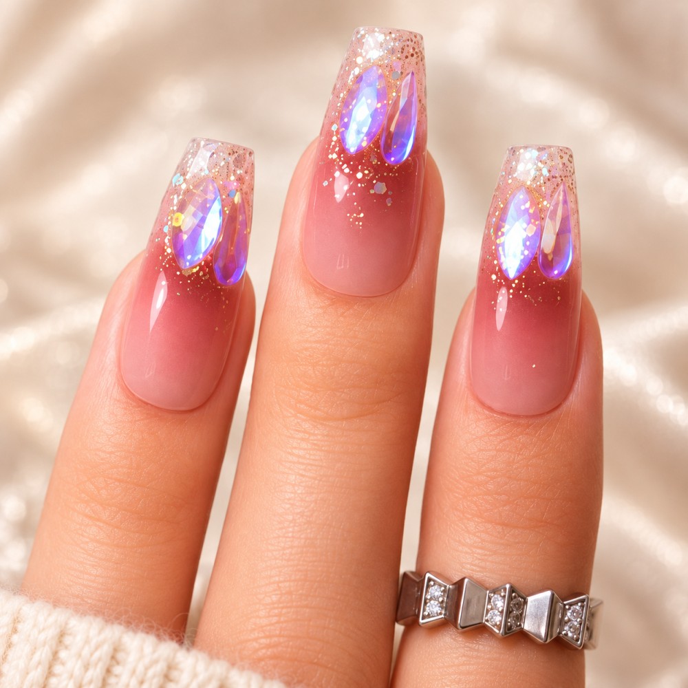 Kazinails | Faux Ongles Bubble Heart: Dégradé Rouge, Brillance & Élégance