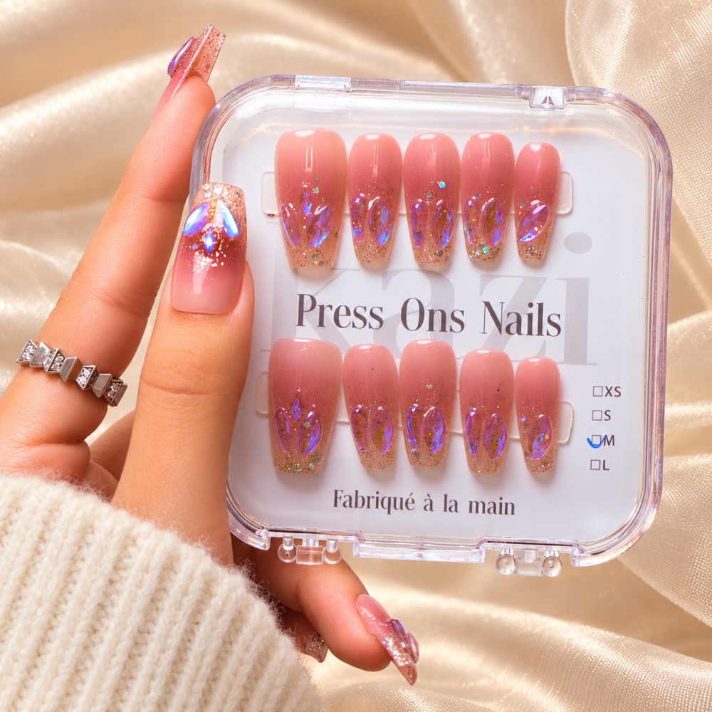 Kazinails | Faux Ongles Bubble Heart: Dégradé Rouge, Brillance & Élégance