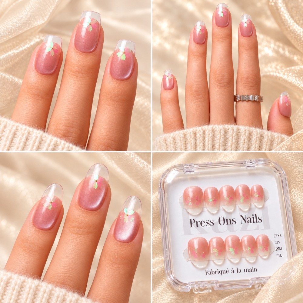 Faux Ongles Sakura : Élégance Gracieuse avec une Touche Florale |  Press on nails