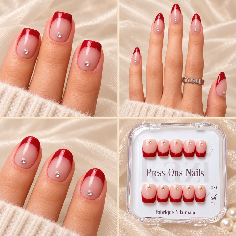 Faux Ongles Mon Louboutin : Pointe Rouge Audacieuse avec Accents Cristallins