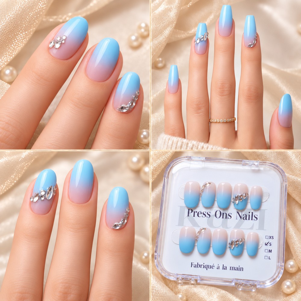 Faux Ongles Galerie Samsung | Élégance Bleutée avec Strass