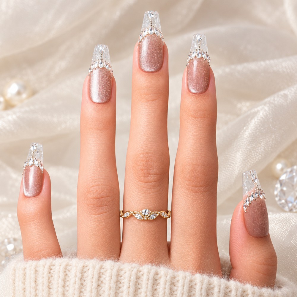 "Glaze" False Nails – Elegant Crystal Shine for Sophisticated Manicures
