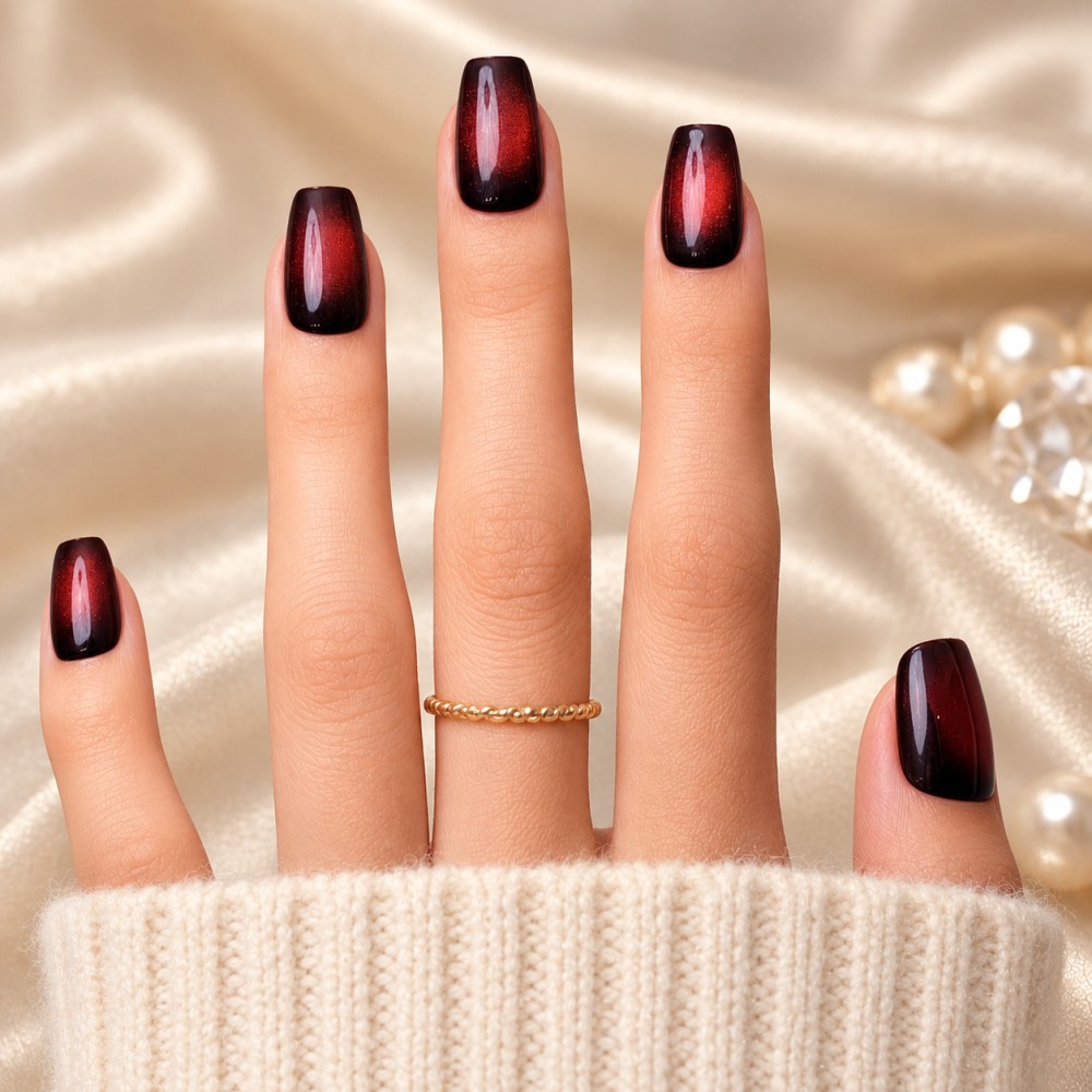Faux ongles press-on cat eye rouge – Tulipe Noire | Kazinails