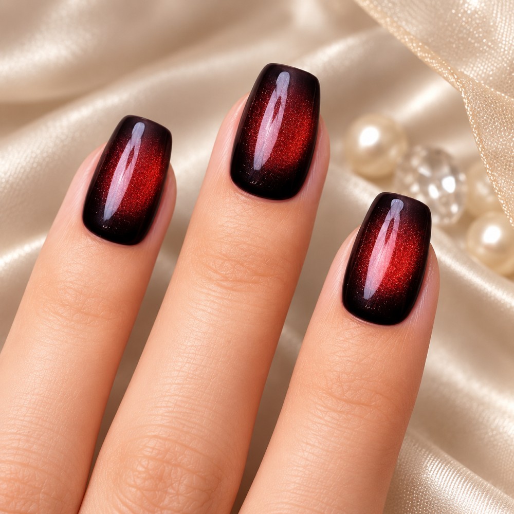 Faux ongles press-on cat eye rouge – Tulipe Noire | Kazinails