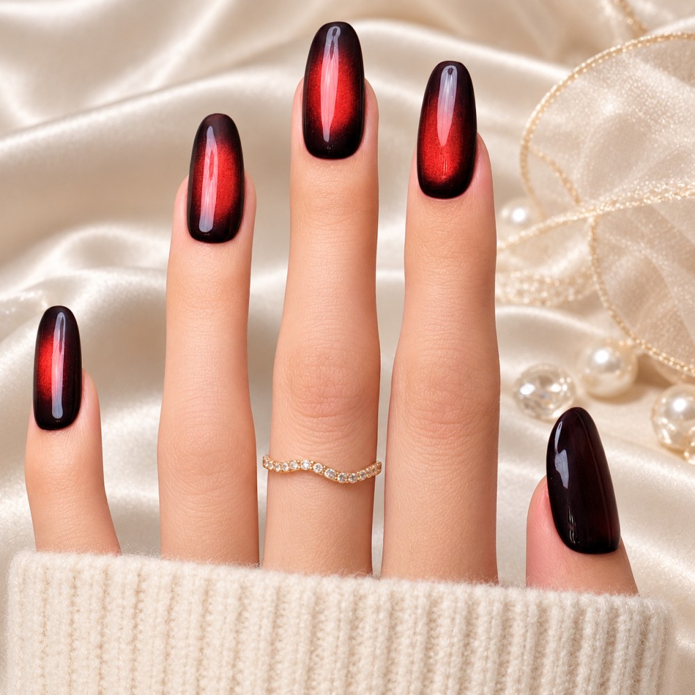 Faux ongles press-on cat eye rouge – Tulipe Noire | Kazinails