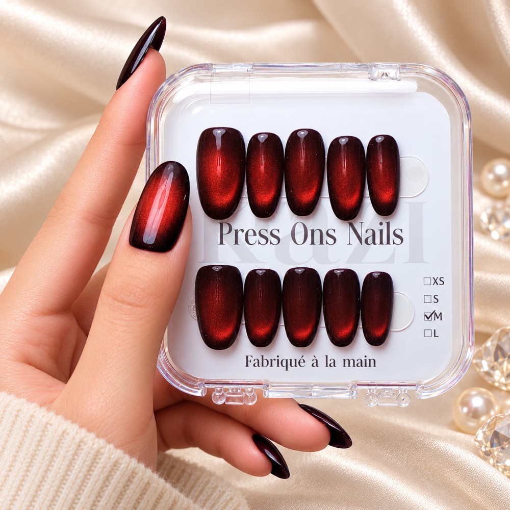 Faux ongles press-on cat eye rouge – Tulipe Noire | Kazinails