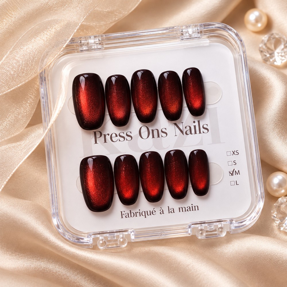 Faux ongles press-on cat eye rouge – Tulipe Noire | Kazinails