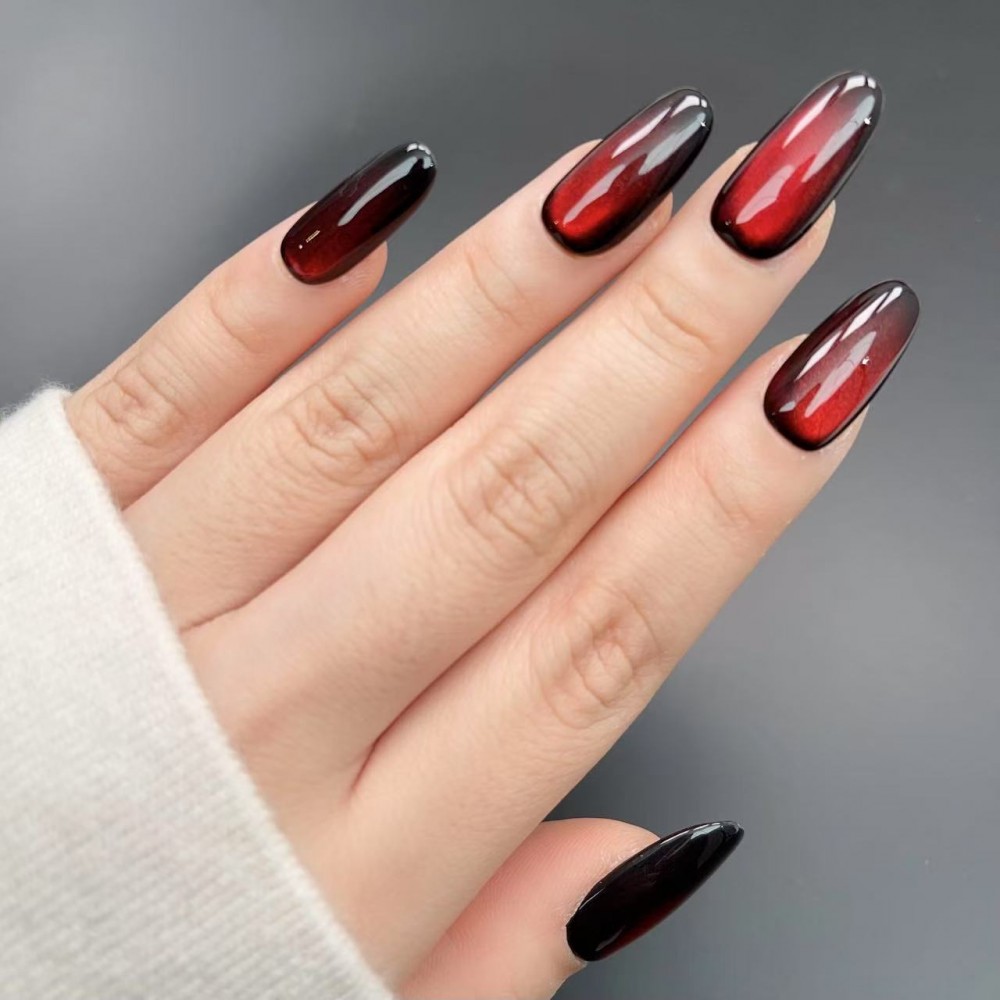 Kazinails - Faux Ongles "Tulipe Noire" – Dégradé Noir & Rouge pour une Élégance Mystérieuse